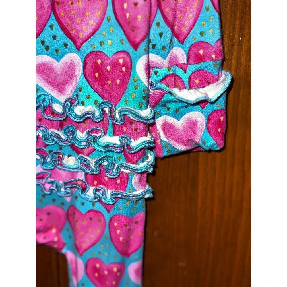 Gigi and Max Bamboo Viscose Heart Ruffle Romper Teal Pink 3-6M Sleeper Zip Up